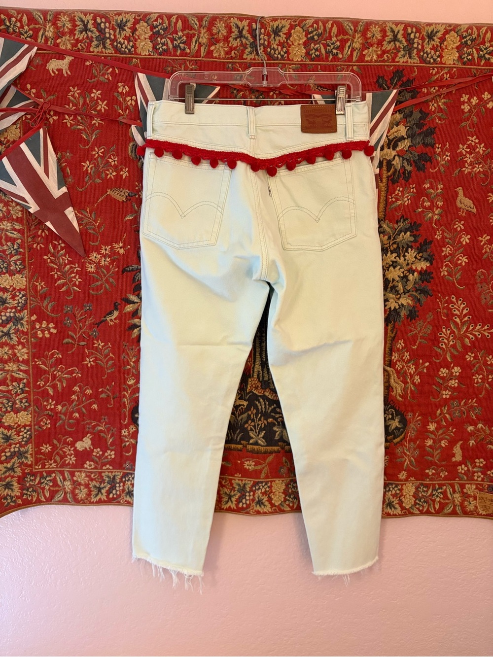 Light Green 100% Cotton High Waisted Ankle Jeans with Vintage Red Pom Trim